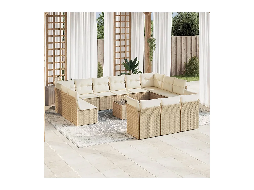 Salon de jardin avec coussins 14 pcs beige résine tressée