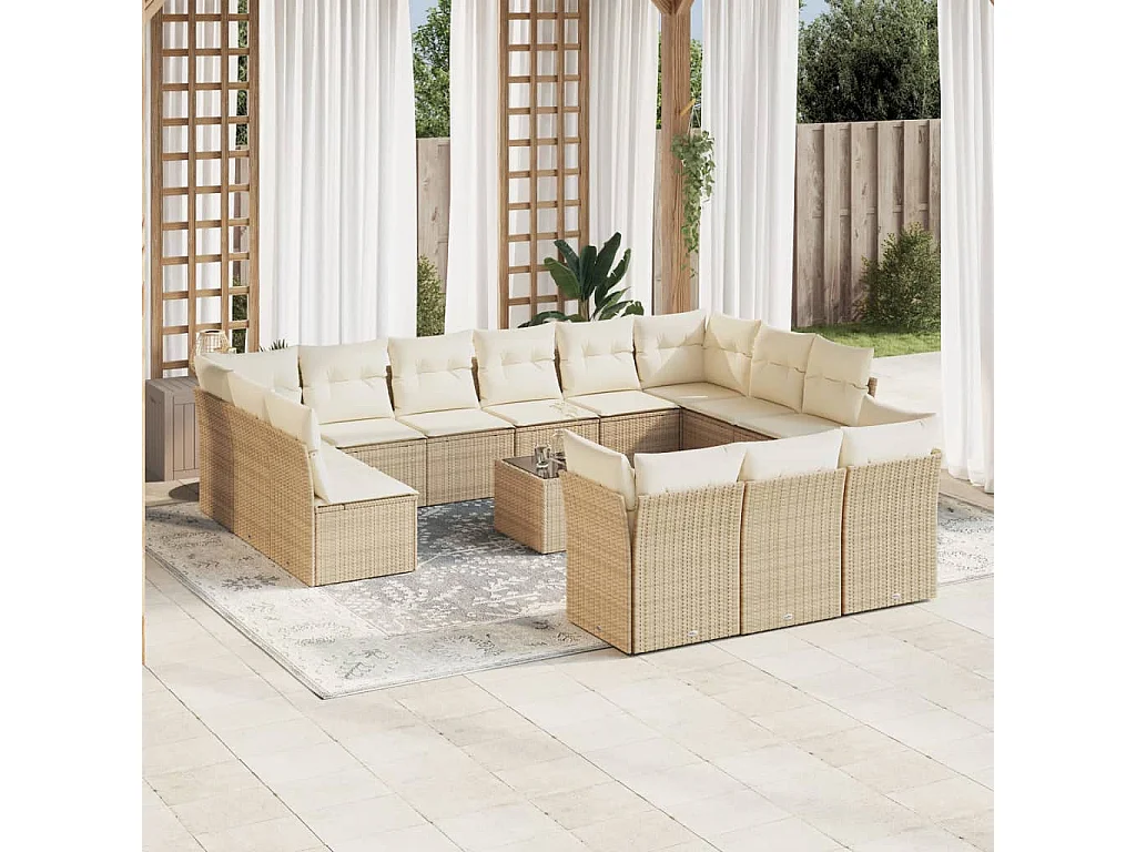 Salon de jardin avec coussins 14 pcs beige résine tressée