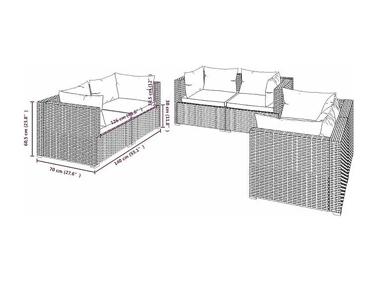 Salon de jardin 6 pcs avec coussins Résine tressée Noir