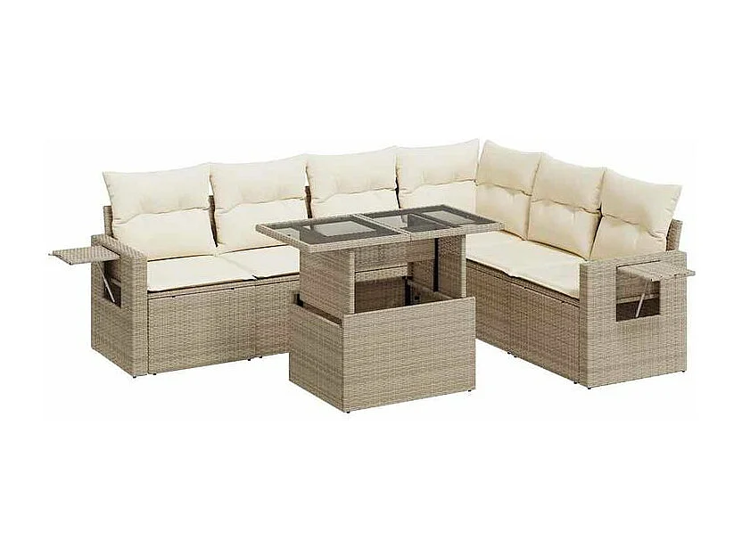 Salon de jardin avec coussins 7 pcs beige résine tressée