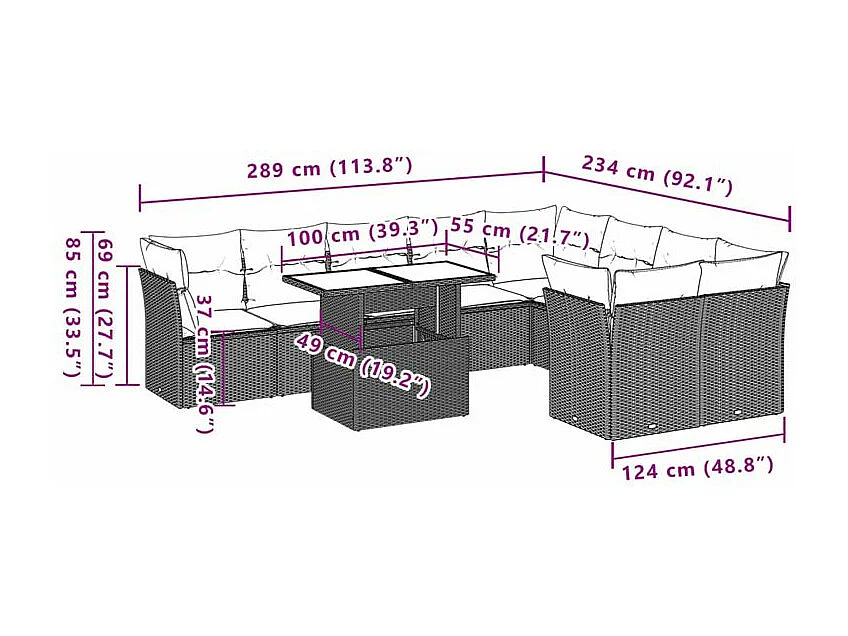Salon de jardin 10 pcs avec coussins marron résine tressée