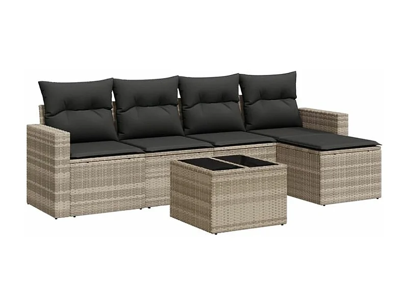 Salon de jardin 6 pcs avec coussins gris clair résine tressée