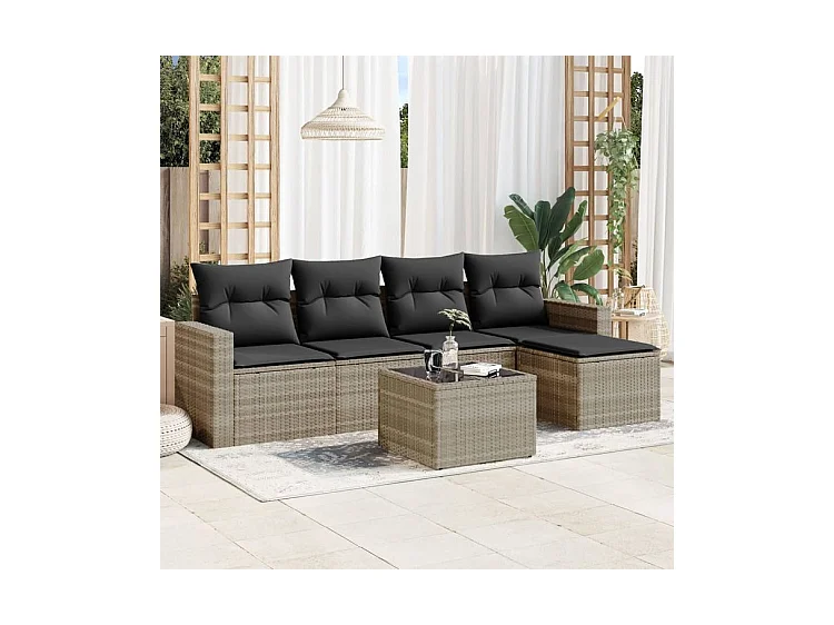 Salon de jardin 6 pcs avec coussins gris clair résine tressée