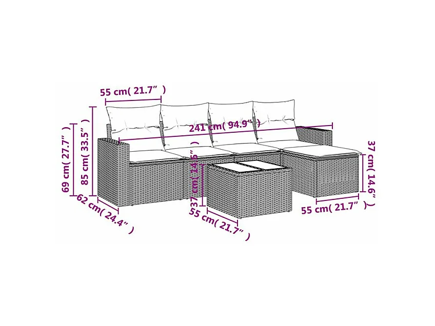 Salon de jardin 6 pcs avec coussins gris clair résine tressée