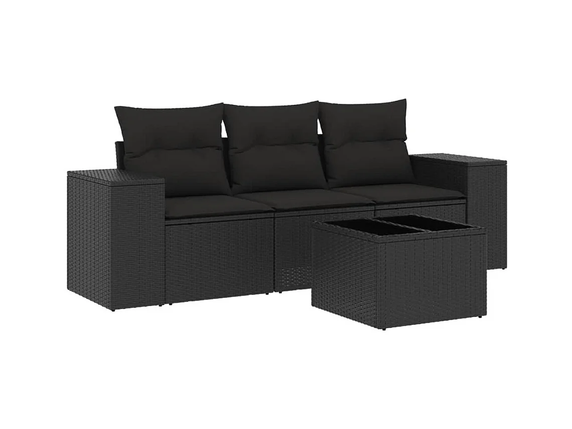 Salon de jardin 4 pcs avec coussins noir résine tressée