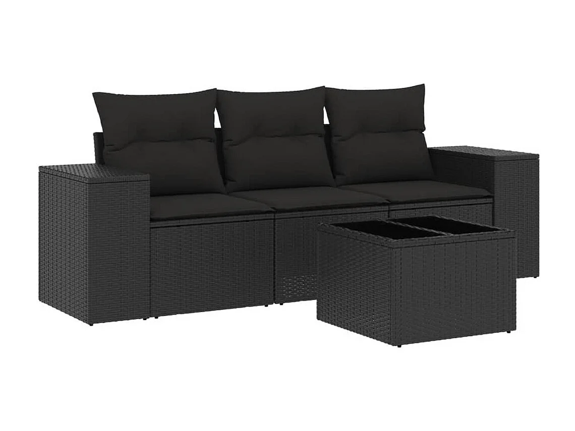 Salon de jardin 4 pcs avec coussins noir résine tressée