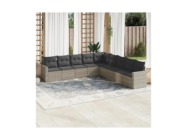 Salon de jardin 9 pcs avec coussins gris clair résine tressée
