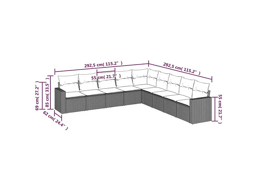 Salon de jardin 9 pcs avec coussins gris clair résine tressée
