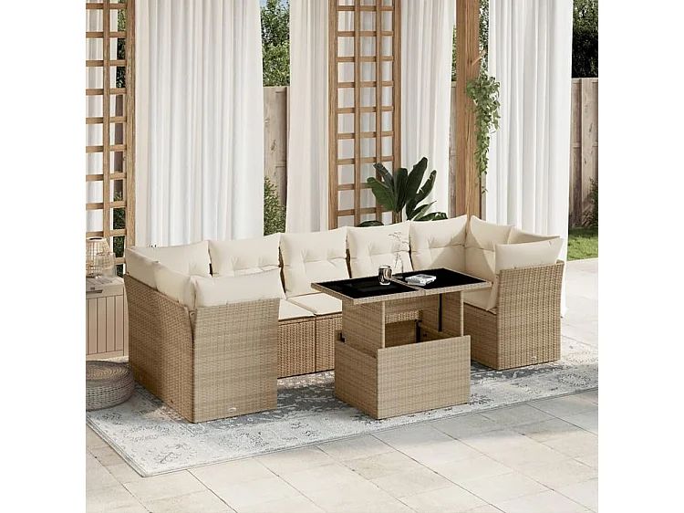 Salon de jardin avec coussins 8 pcs beige résine tressée