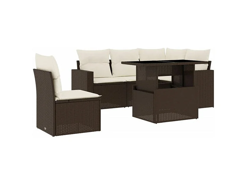 Salon de jardin avec coussins 6 pcs marron résine tressée