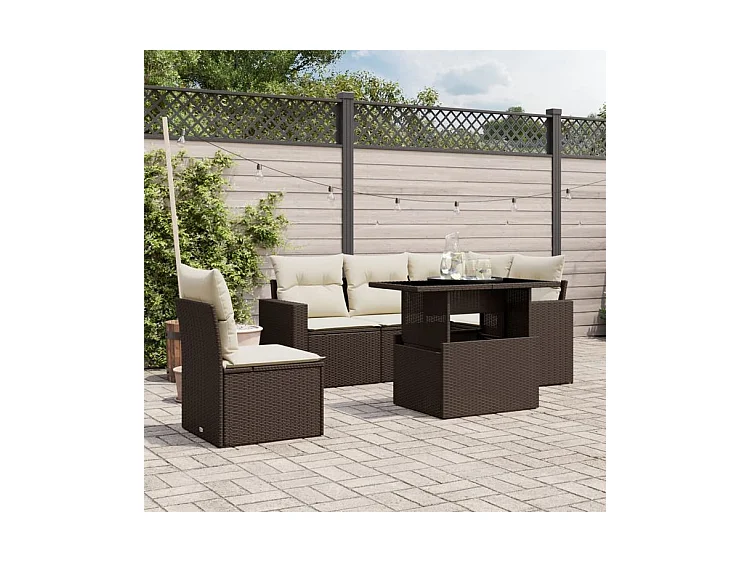 Salon de jardin avec coussins 6 pcs marron résine tressée