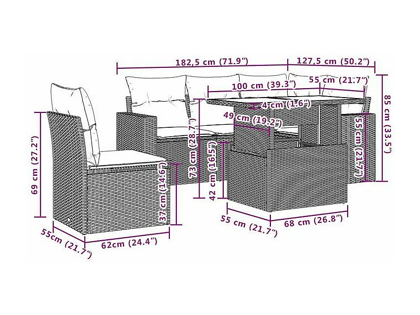 Salon de jardin avec coussins 6 pcs marron résine tressée