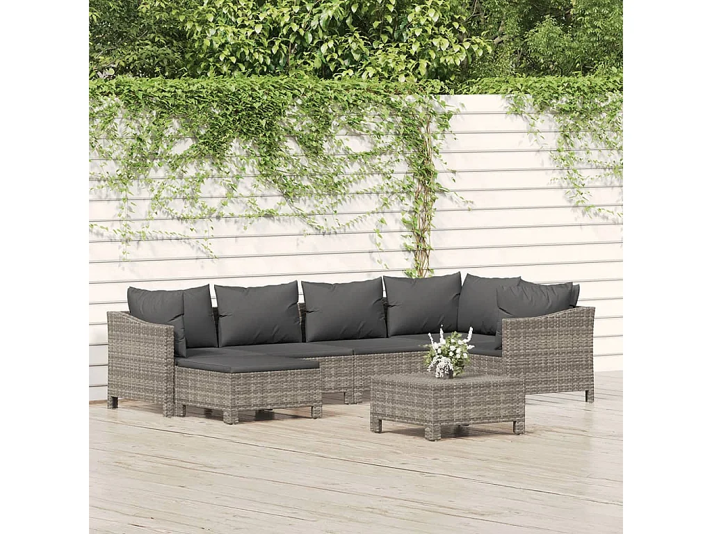 Salon de jardin 7 pcs avec coussins Gris Résine tressée