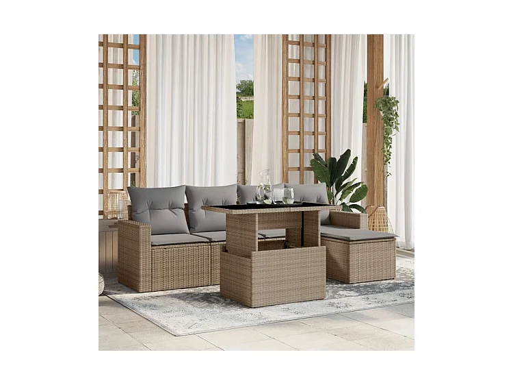 Salon de jardin avec coussins 6 pcs beige résine tressée