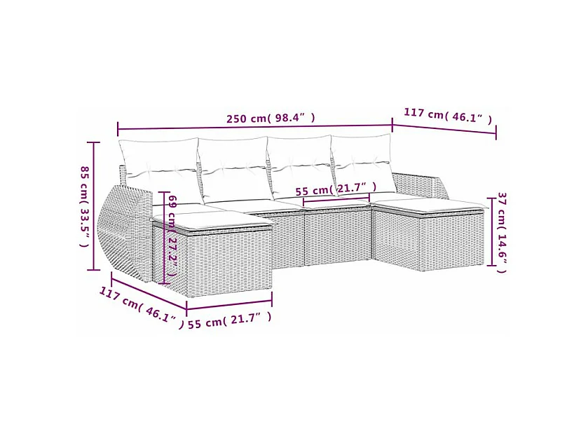 Salon de jardin avec coussins 6 pcs marron résine tressée