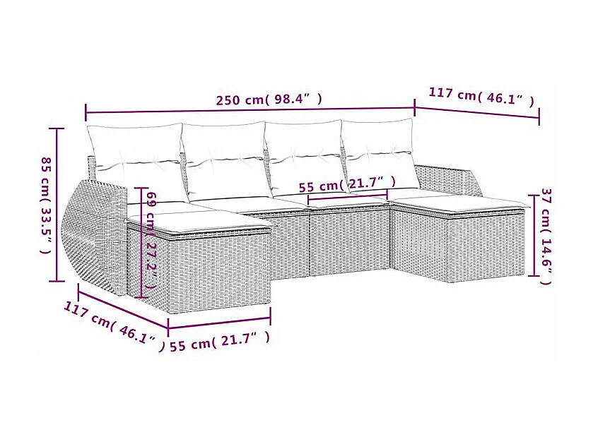 Salon de jardin avec coussins 6 pcs marron résine tressée