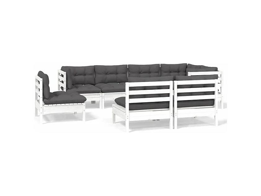 Salon de jardin 8 pcs avec coussins blanc bois de pin massif