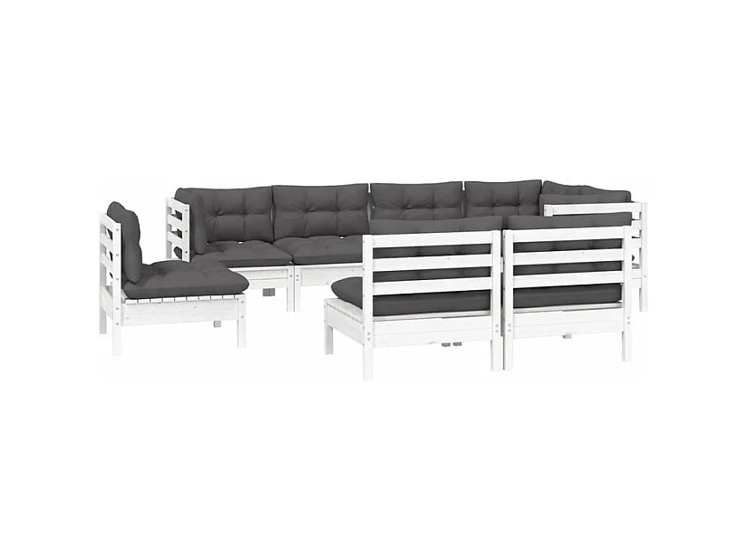 Salon de jardin 8 pcs avec coussins blanc bois de pin massif