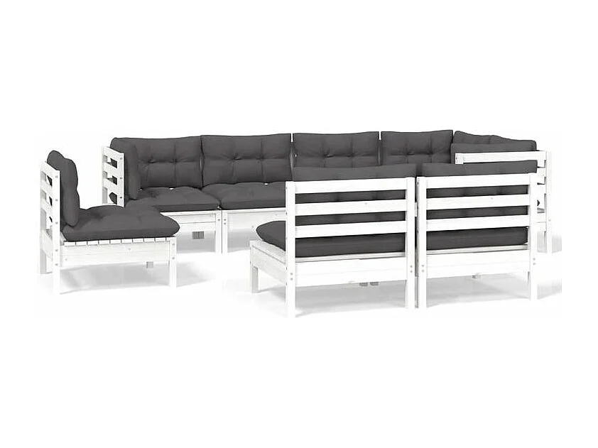 Salon de jardin 8 pcs avec coussins blanc bois de pin massif