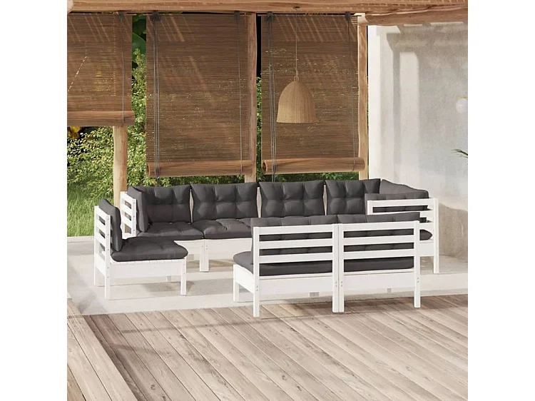 Salon de jardin 8 pcs avec coussins blanc bois de pin massif