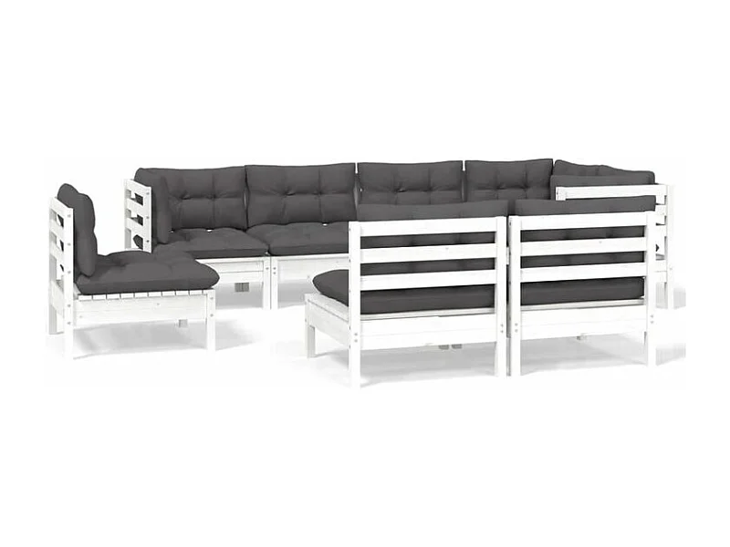 Salon de jardin 8 pcs avec coussins blanc bois de pin massif