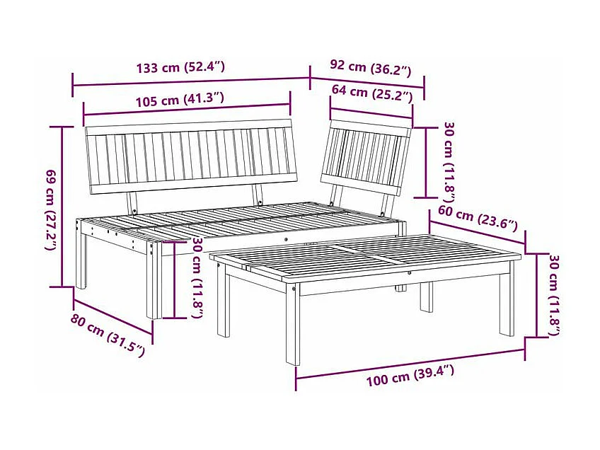 Salon de jardin palette 2 pcs bois massif d'acacia