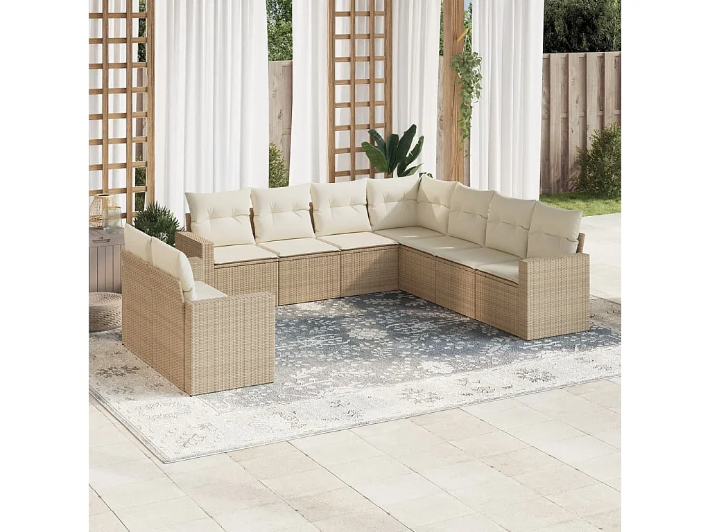 Salon de jardin avec coussins 9 pcs beige résine tressée