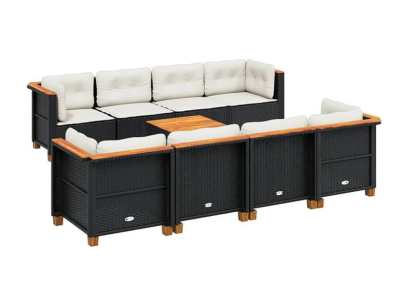 Salon de jardin 9 pcs avec coussins noir résine tressée