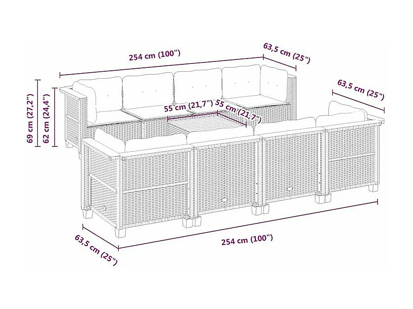 Salon de jardin 9 pcs avec coussins noir résine tressée