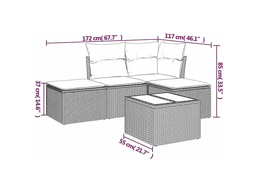 Salon de jardin avec coussins 5 pcs marron résine tressée