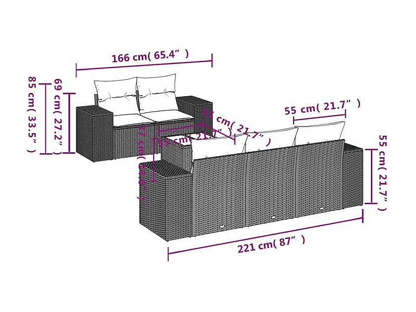 Salon de jardin avec coussins 6 pcs marron résine tressée