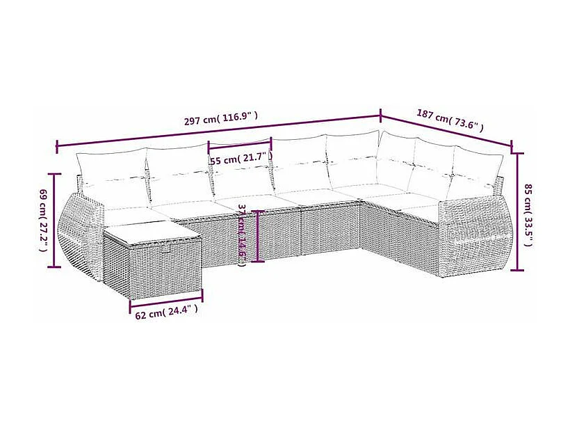 Salon de jardin 8 pcs avec coussins marron résine tressée