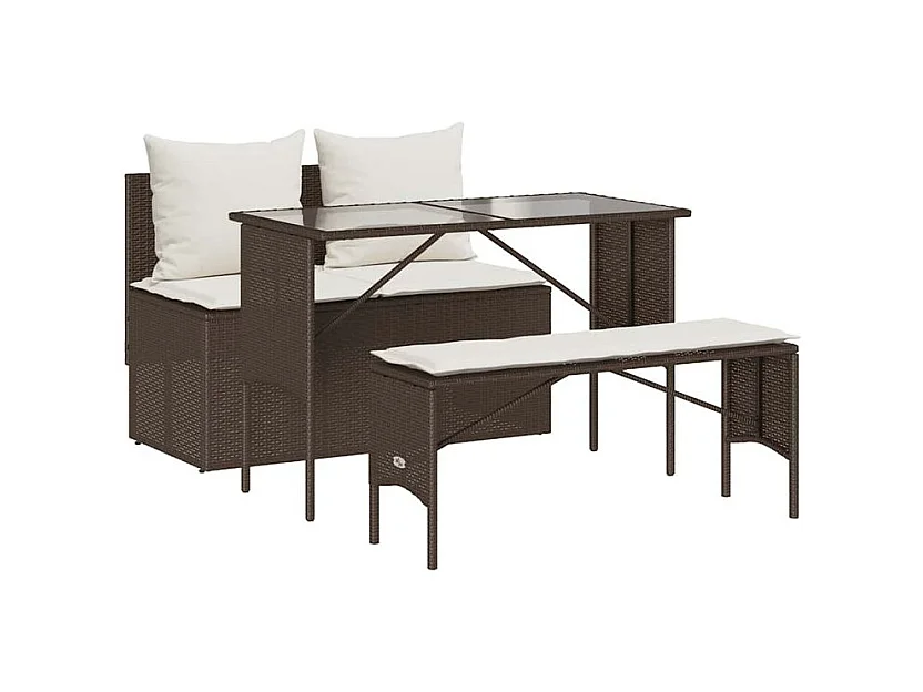 Ensemble à manger de jardin 3 pcs et coussins marron poly rotin