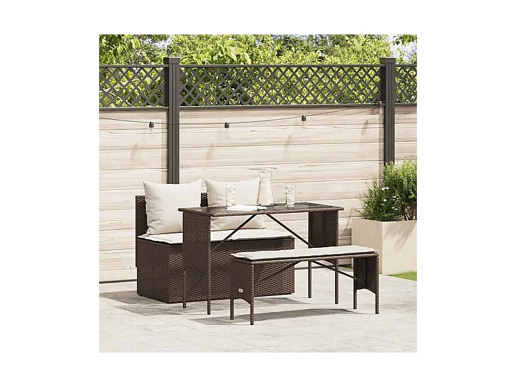 Ensemble à manger de jardin 3 pcs et coussins marron poly rotin