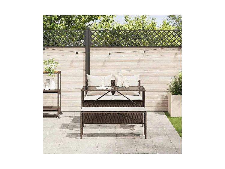 Ensemble à manger de jardin 3 pcs et coussins marron poly rotin