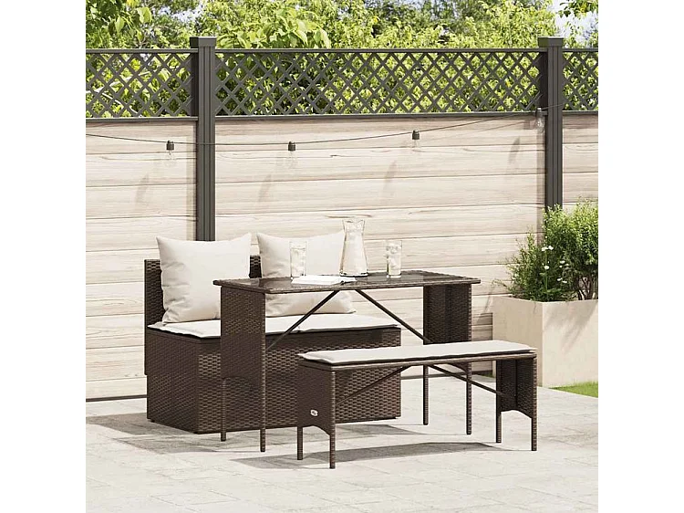 Ensemble à manger de jardin 3 pcs et coussins marron poly rotin