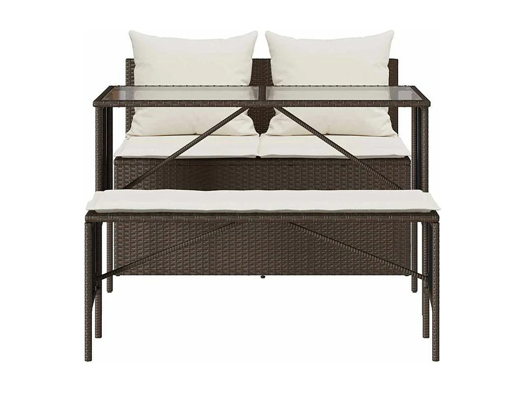 Ensemble à manger de jardin 3 pcs et coussins marron poly rotin