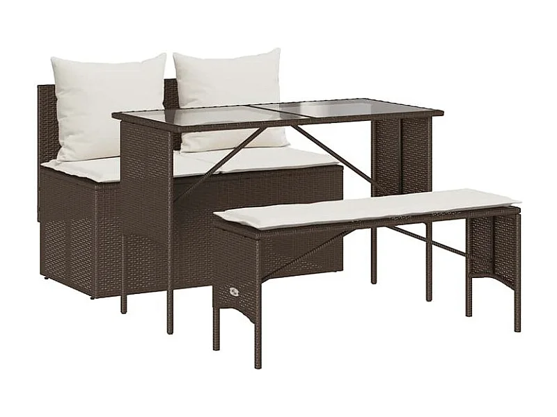 Ensemble à manger de jardin 3 pcs et coussins marron poly rotin