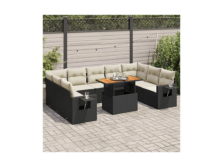 Salon de jardin 10 pcs avec coussins noir résine tressée