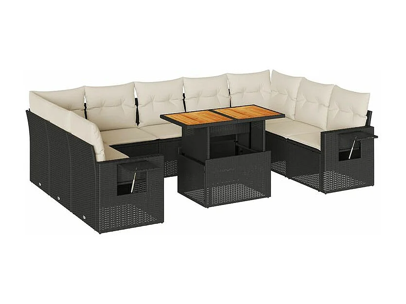 Salon de jardin 10 pcs avec coussins noir résine tressée