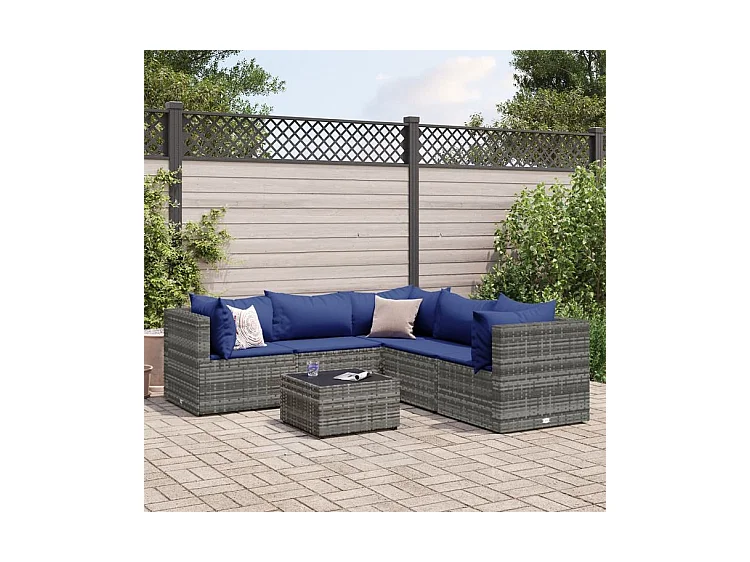 Salon de jardin 6 pcs avec coussins Gris Résine tressée