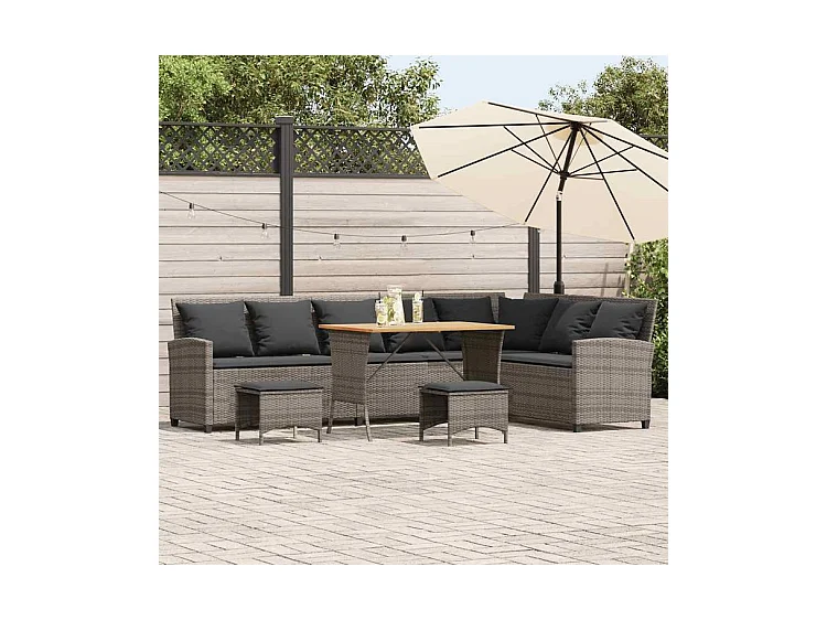 Salon de jardin 4 pcs avec coussins forme L gris résine tressée