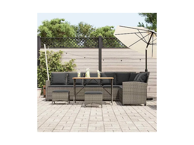 Salon de jardin 4 pcs avec coussins forme L gris résine tressée