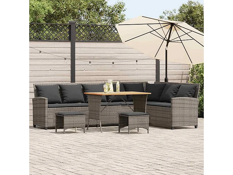 Salon de jardin 4 pcs avec coussins forme L gris résine tressée