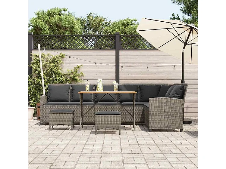 Salon de jardin 4 pcs avec coussins forme L gris résine tressée