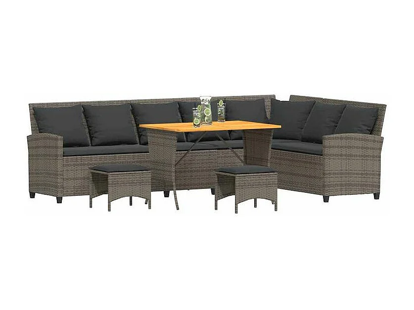 Salon de jardin 4 pcs avec coussins forme L gris résine tressée