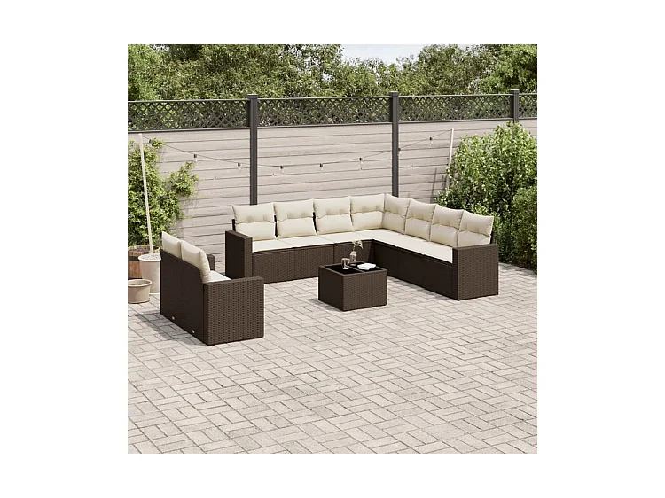 Salon de jardin 10 pcs avec coussins marron résine tressée