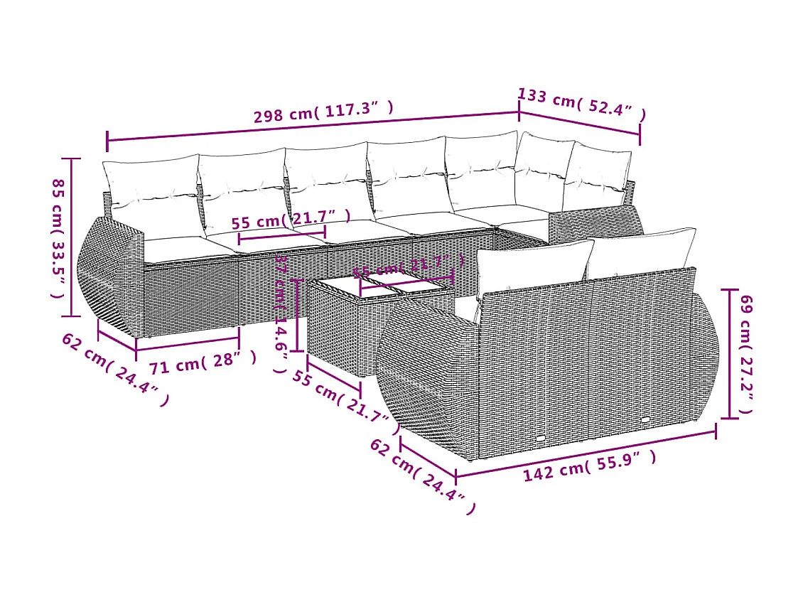 Salon de jardin 9 pcs avec coussins noir résine tressée