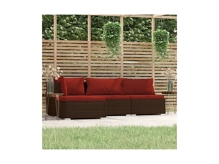 Salon de jardin 4 pcs avec coussins Marron Résine tressée