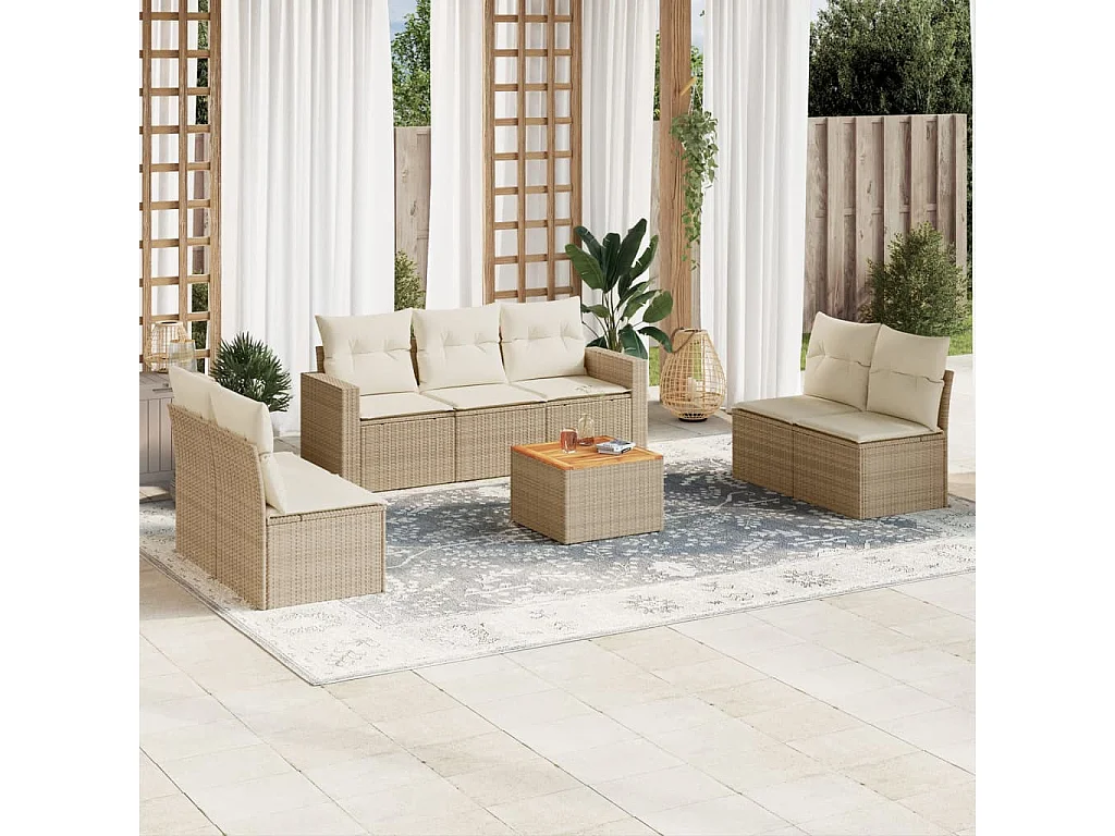 Salon de jardin avec coussins 8 pcs beige résine tressée